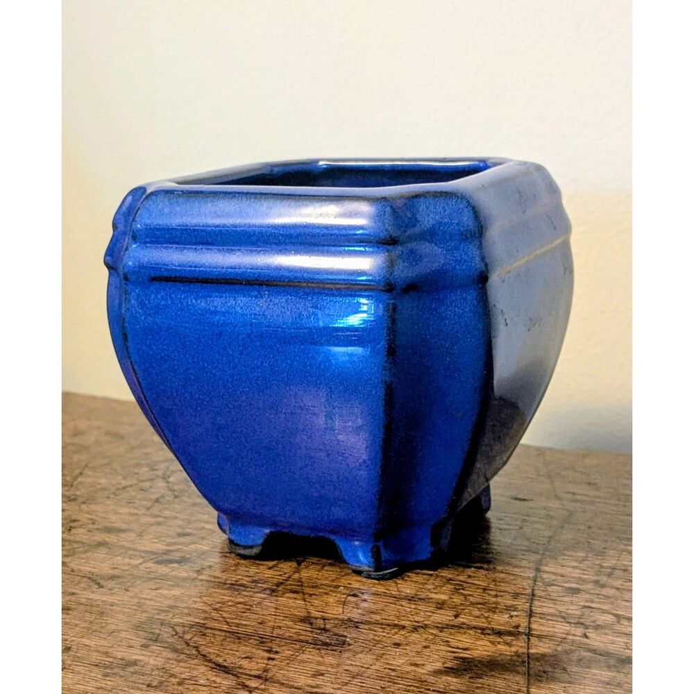 Vintage Cobalt Blue Footed Planter Bonsai Pot Mid Century Modern Art Pottery